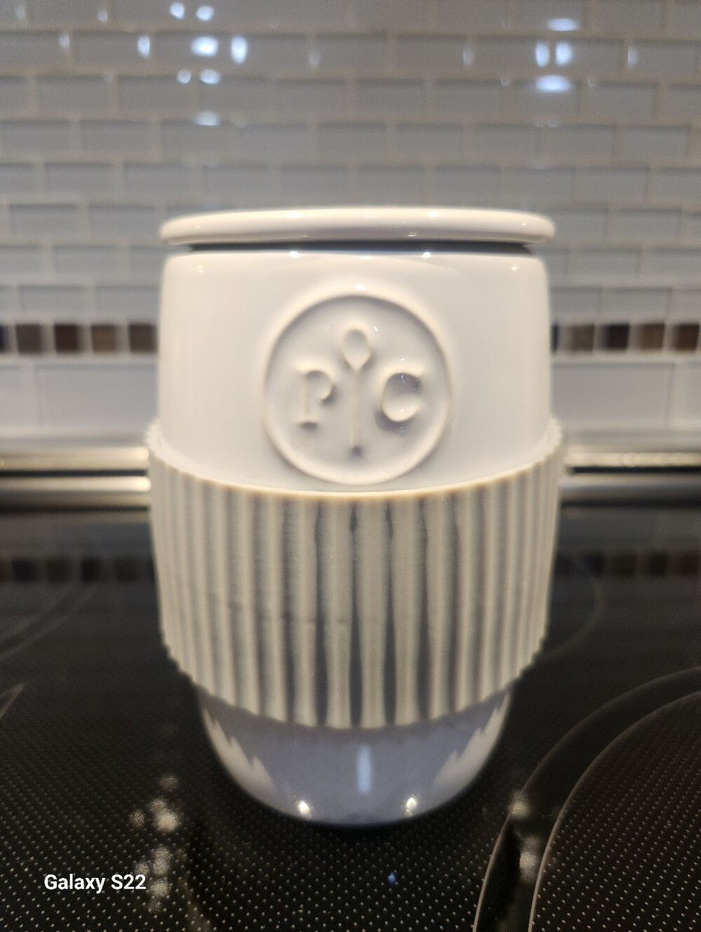 Pampered Chef- White Ceramic Egg Cooker With Gray Silicone Gripper And Lid.